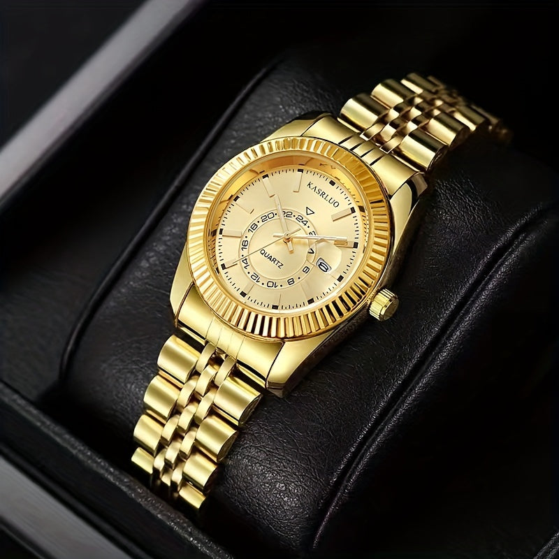KASRLUO Elegant Women's Golden-Tone Stainless Steel Quartz Watch with Date Display, Analog Roman Numerals, and Adjustable Crown - Stylish Round Alloy Case & Band for Sophisticated Timekeeping, Fashion Accessory | Sophisticate
