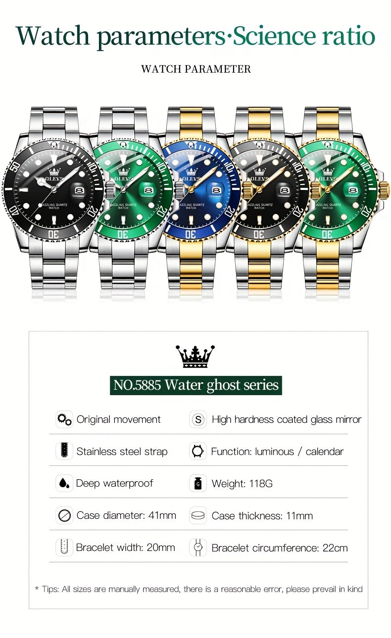 OLEVS Men'S Luxury Quartz Watch - Green Dial, Stainless Steel Band, Luminous Pointer Display, Quartz Movement, Electronic Drive, Zinc Alloy Case, Ideal for Business Casual Wea