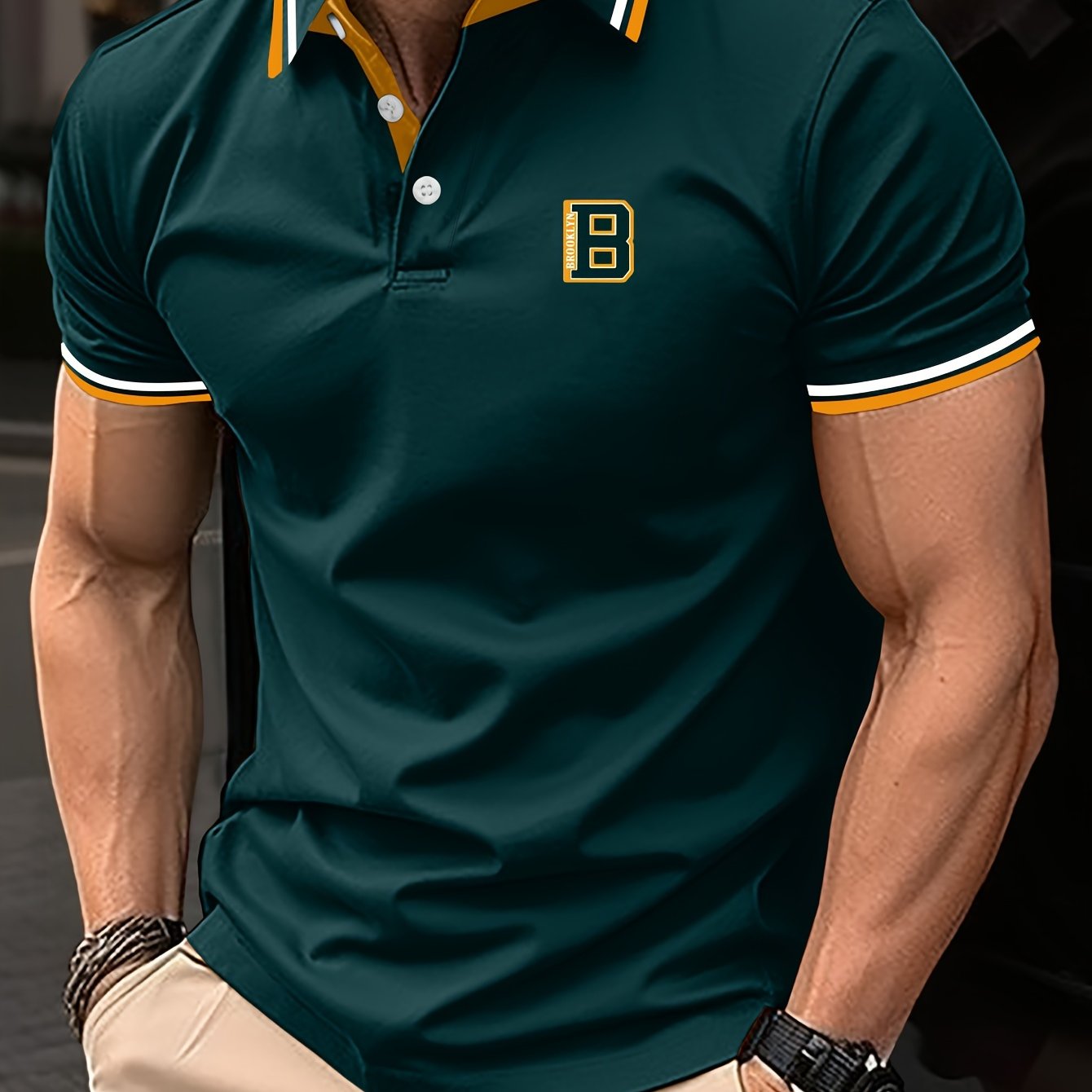 Men's Trendy Simple Letter Print Color Block Short Sleeve Button Up Lapel Shirt For Summer Daily, Golf Shirt