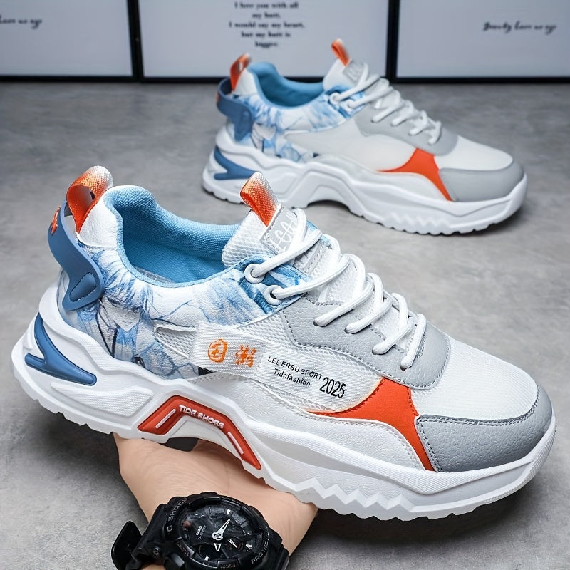 Men's Stylish Platform Sneakers with Wave Pattern - Comfortable, Non-Slip & Durable for Outdoor, Campus Walks & Travel | Lace-Up, Breathable Design, for Autumn, Spring