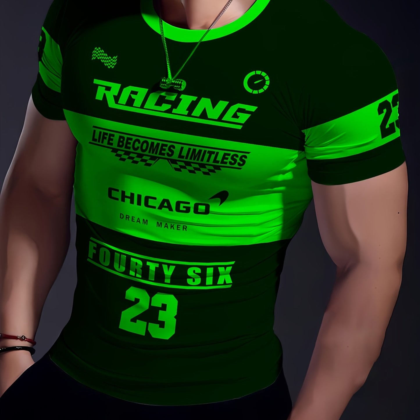 Men'S Racing Graphic T-Shirt - Bold Neon Green & Black Racing Car Design, Lightweight Breathable Fabric for Motorsport Events, Casual Streetwear - Chicago Dream Maker Inspired Casual Attire, Racing Jersey, Event Apparel, Spor
