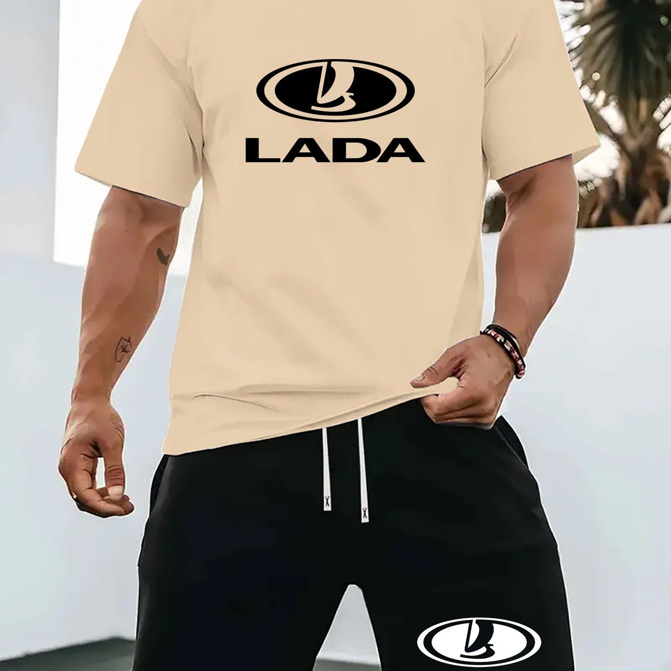 Men'S Summer Casual Sport Two-Piece Set - LADA Letter Pattern Print T-Shirt and Black Drawstring Shorts, Casual Sportswear, Regular Fit - Perfect for Summer Outdoor