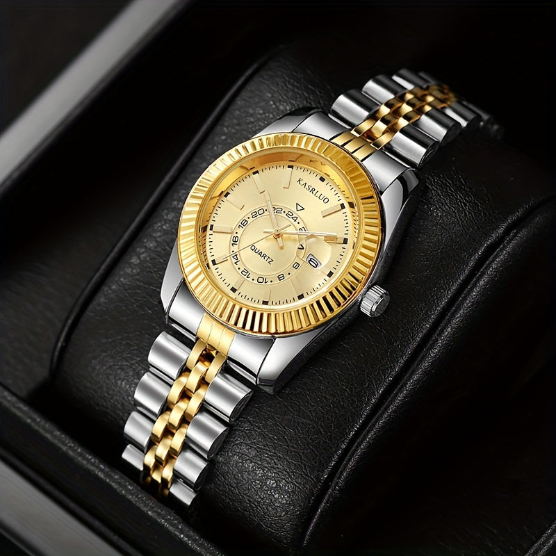 KASRLUO Elegant Women's Golden-Tone Stainless Steel Quartz Watch with Date Display, Analog Roman Numerals, and Adjustable Crown - Stylish Round Alloy Case & Band for Sophisticated Timekeeping, Fashion Accessory | Sophisticate