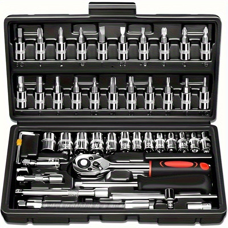 Mechanical Tool Set, Multifunctional Car Repair Toolbox, Suitable for Cars, Bicycles, Motorcycles and 1/2" 3/8" SAE & Metric Sizes Universal Wrench Kit Including Tooth Ratchet Wrenches, Household, Garage, Bicycle Trunk Specia
