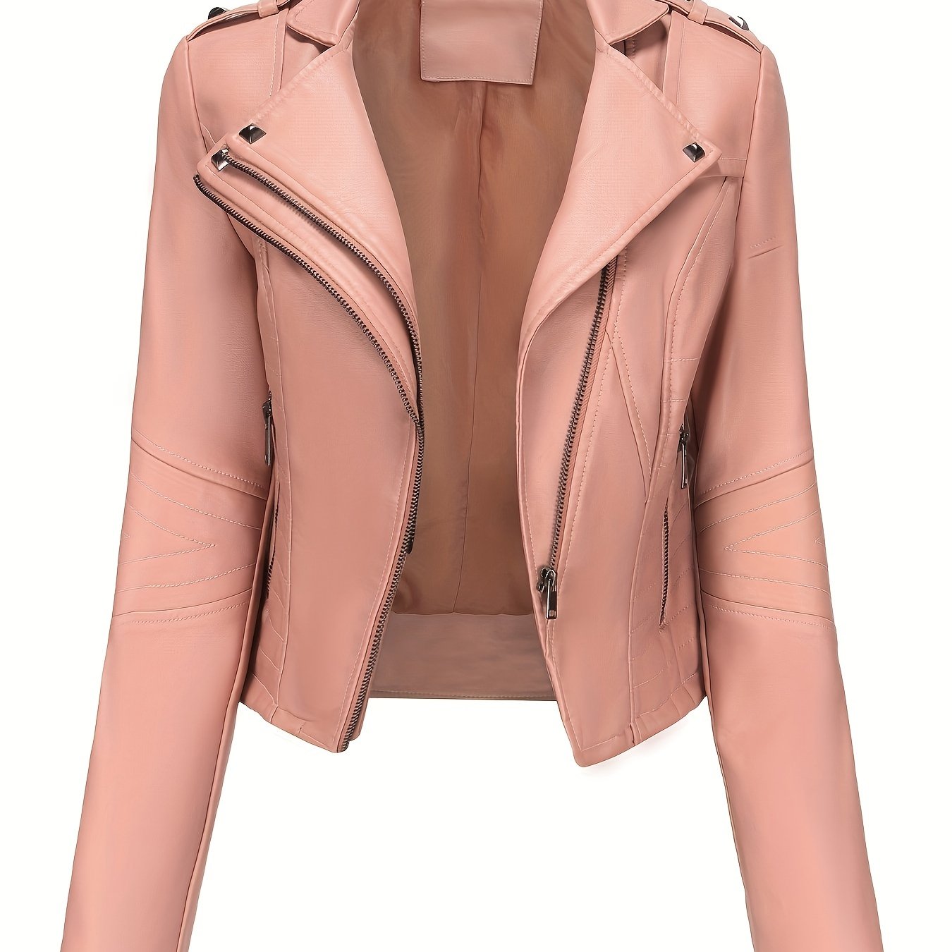 Women'S Casual Faux Leather Jacket, Solid Color, Long Sleeve, Regular Length, Fall/Winter, Zipper Placket, Woven, Non-Stretch Fabric, 100% Polyurethane, Lapel Collar, Dipped Hem Detail