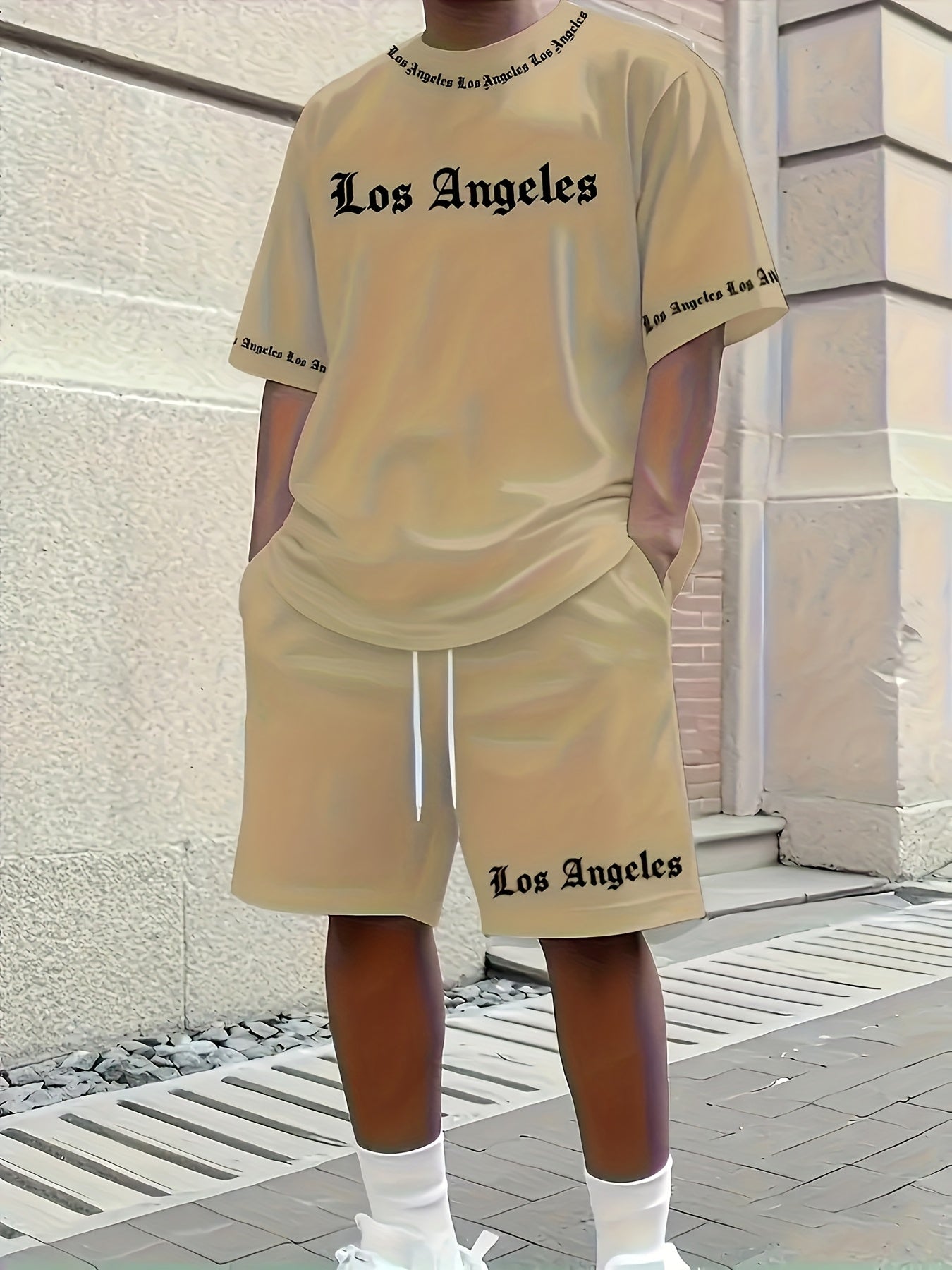 Men'S Los Angeles Graphic Print Casual Sportswear Set - Breathable Summer Short Sleeve T-Shirt & Drawstring Shorts with Pockets, Regular Fit, Crew Neck, Comfortable & Stylish for Casual Attire, Leisure Clothing | Trendy Sport