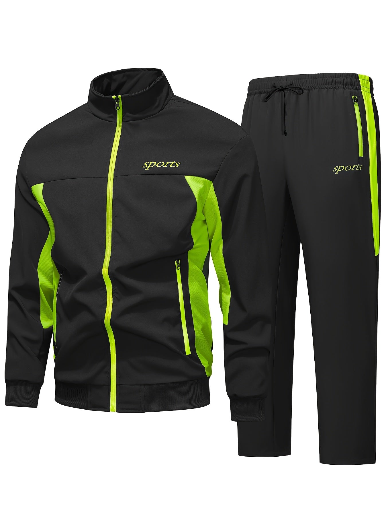 Men's Two-Tone Spliced Jacket and Pants Set in Fluorescent Green with 'Sports' Letter Print, Eye-Catching Fashion Design, Comfortable Soft Fabric, Essential Outfit for Home or Outdoor Wear TZ8030
