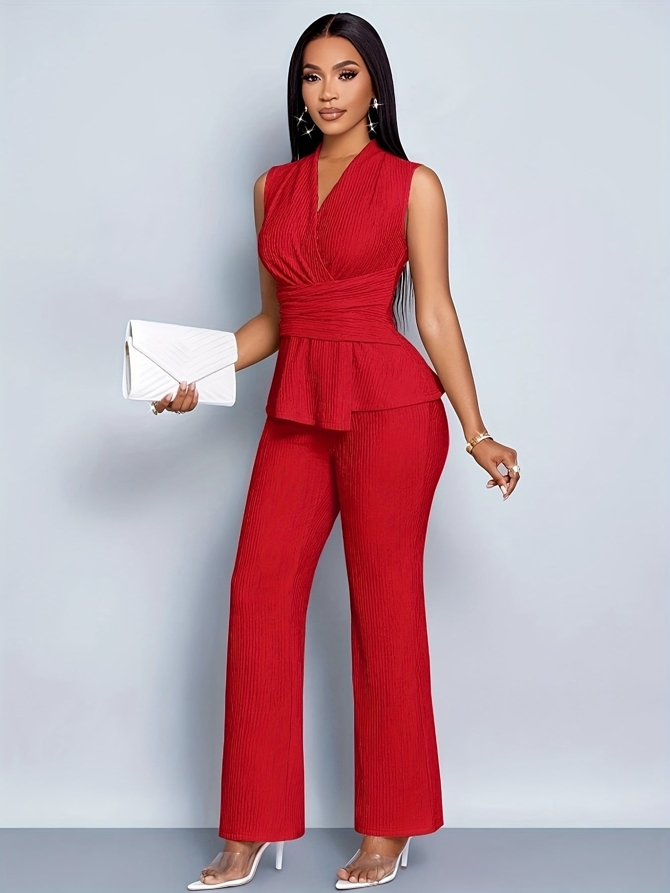 Women's Elegant V-Neck Sleeveless T-Shirt and Wide-Leg Pants Two-Piece Set, Asymmetrical Hem Casual Spring/Summer Outfit