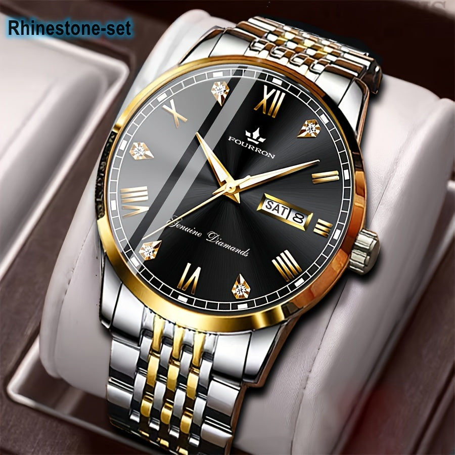 1pc Elegant Rhinestone-Set Stainless Steel Bracelet Watch for Men - Quartz, Date & Calendar Display, Glow-in-the-Dark Hands, Waterproof, Business Casual Style, Ideal Gift for Birthdays & Holidays, Casual Accessory | Elegant W