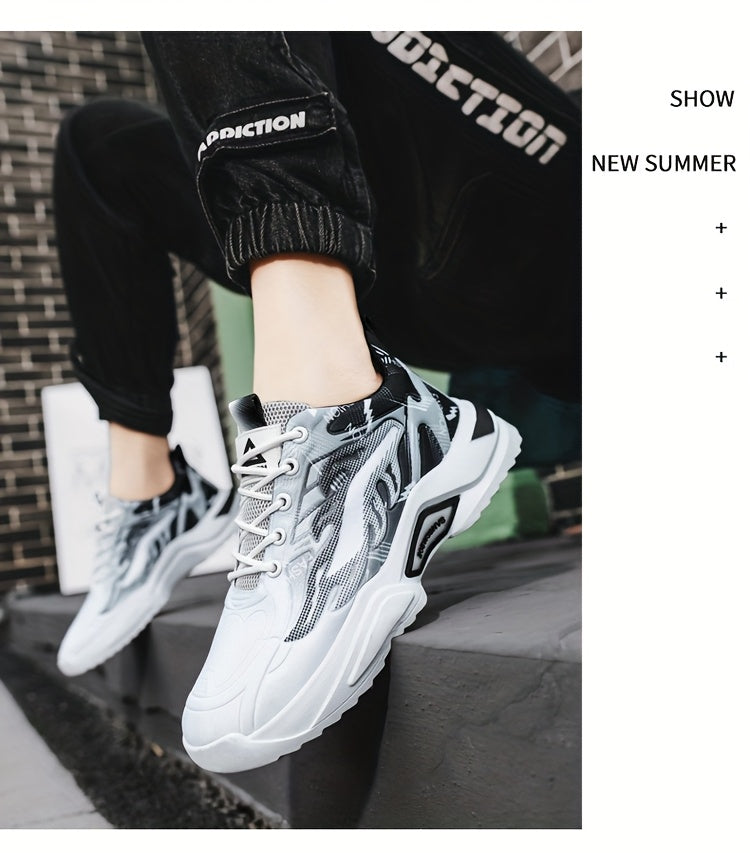 Men's Sneakers - Lightweight Cushioned Platform Sneakers with Lace-Up Closure, Non-Slip PVC Sole - Breathable Gym, Running, Casual Shoes in Grey/Black colorway - for Everyday & Light Hiking, Gym Shoes