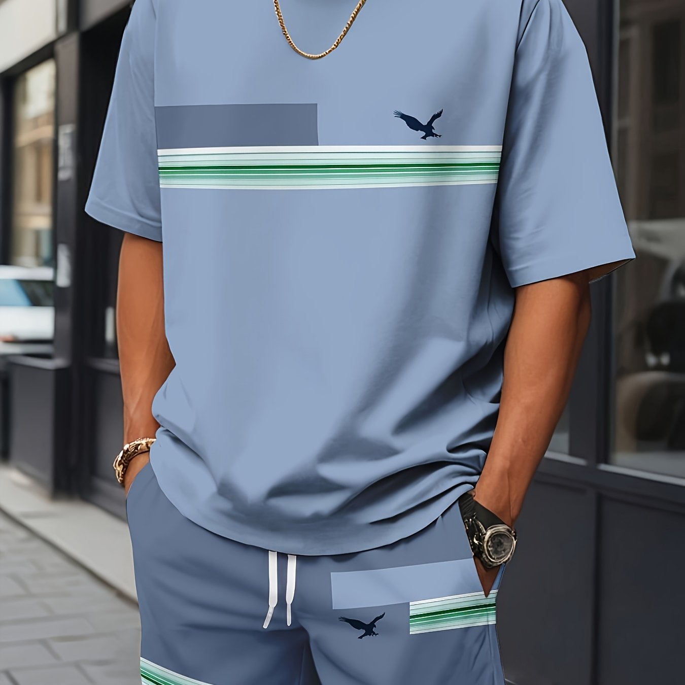 Men'S Casual Summer Two-Piece Athletic Wear Set - Light Blue T-Shirt with Green & White Stripes, Matching Shorts, Perfect for Daily Leisure, Vacation, and Sports, Casual Sportswear | Relaxed Fit Shorts | Stretchable Fabric
