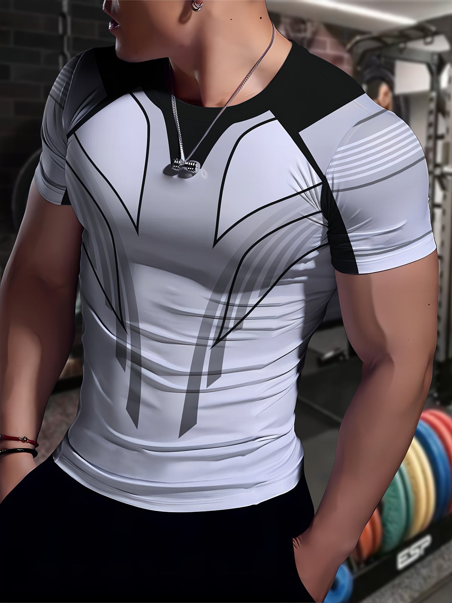 Men'S Slim Fit Breathable T-Shirt with Intricate Black & White Geometric Print - Moisture-Wicking Polyester-Spandex Blend, Machine Washable, Round Neck Short Sleeve for Summer Casual Wear, Gym, Hiking & Outdoor Activities