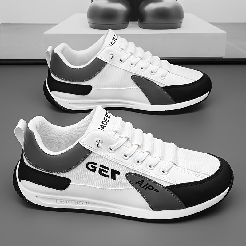 1 Pair Men's Breathable Low-Top Casual Sneakers - White & Black PU Upper with Rubber Sole, Lightweight Walking Shoes for Spring Summer Fall, Lace-Up Design & Fabric Lining, Spring Summer Footwear, Comfortable Fabric Lining