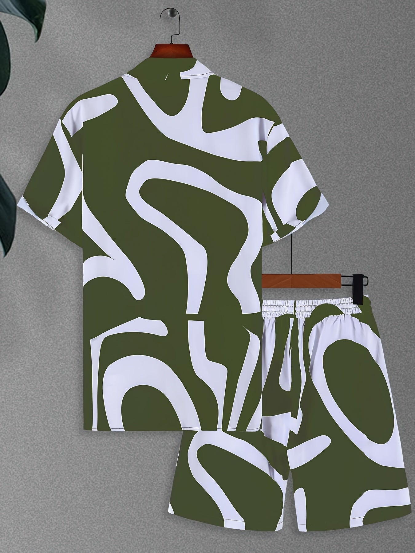 CONJUESS Men'S Summer Casual Short Sleeve Shirt and Shorts Set, Polyester 100%, Lapel Collar, Non-Stretch Woven Fabric, Irregular Striped Print, Regular Fit, 120g/m² - Green and White