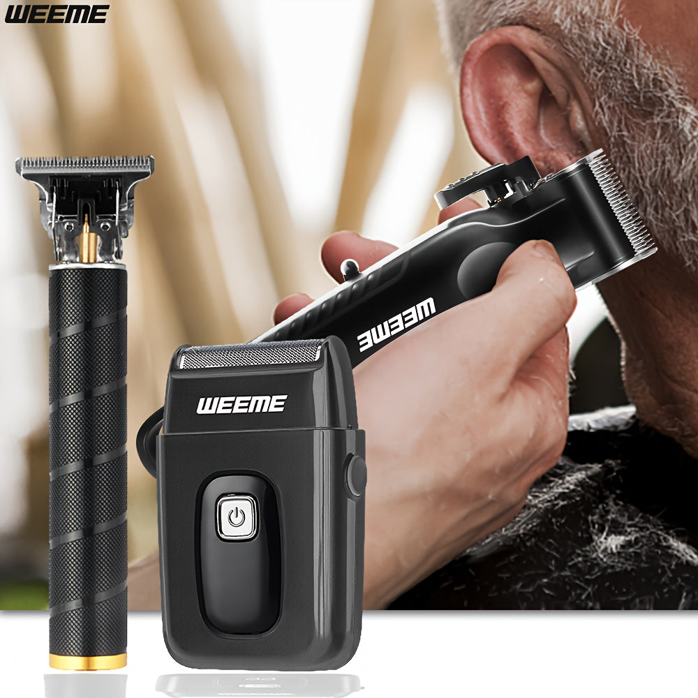 WEEME Men'S Grooming Three-Piece Set Multifunctional Electric Clipper Trimmer with Alloy Stainless Steel Blade Three-Speed Adjustment USB Fast Charging LCD Power Display Ultra-Long Battery Life Essential for Home Travel Car B