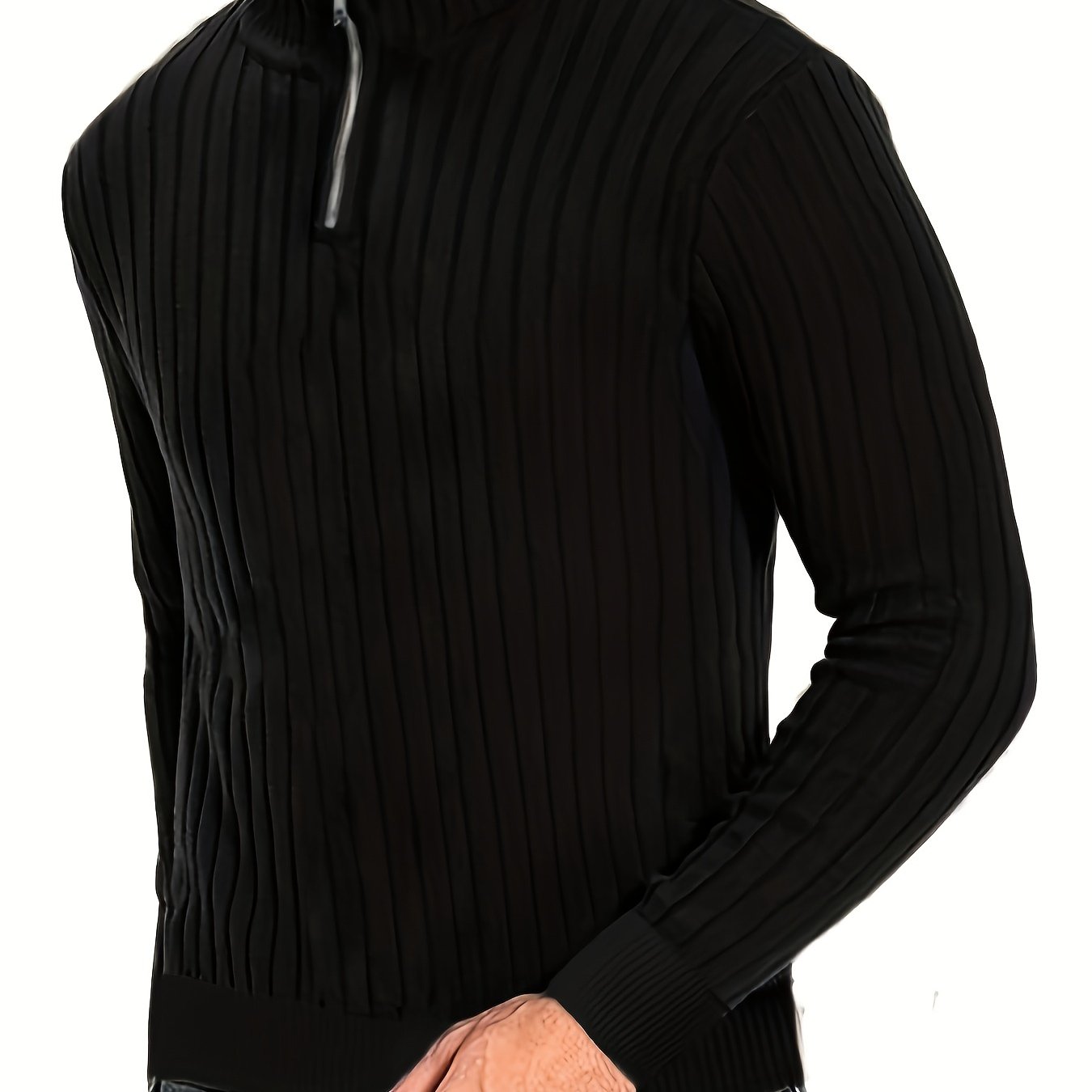 Men'S Casual Polyester Sweater, Solid Color, High Neck Quarter Zip, Long-Sleeved Pullover, Regular Fit, 100% Polyester Knit Fabric, 230g/m² - Fall/Winter Essential