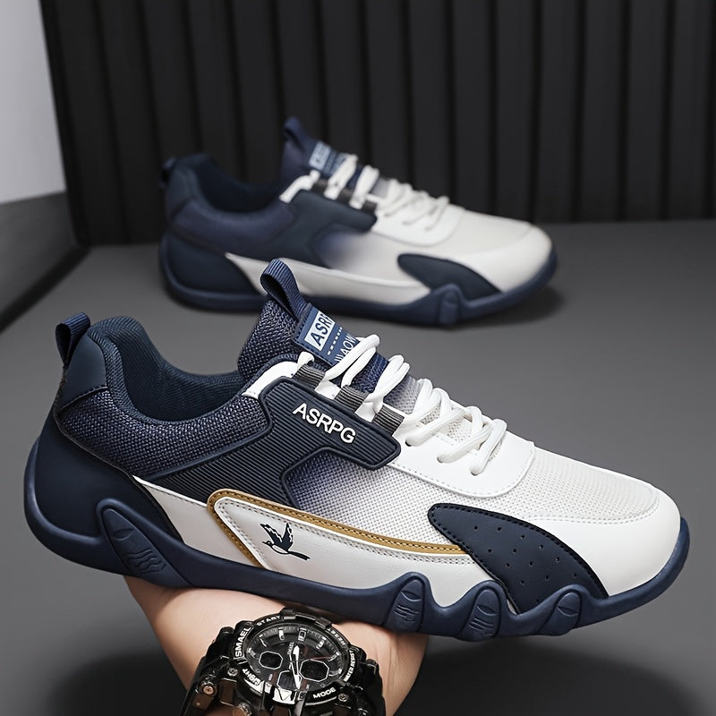 Men's Breathable Low-Top Casual Sneakers - Sporty Lace-Up Walking Shoes with Navy/White/Golden Accents, All-Season Outdoor & Everyday Comfort, Durable Fabric Upper & PVC Sole, Comfortable Footwear, Sleek Shoe Design, Lightwei