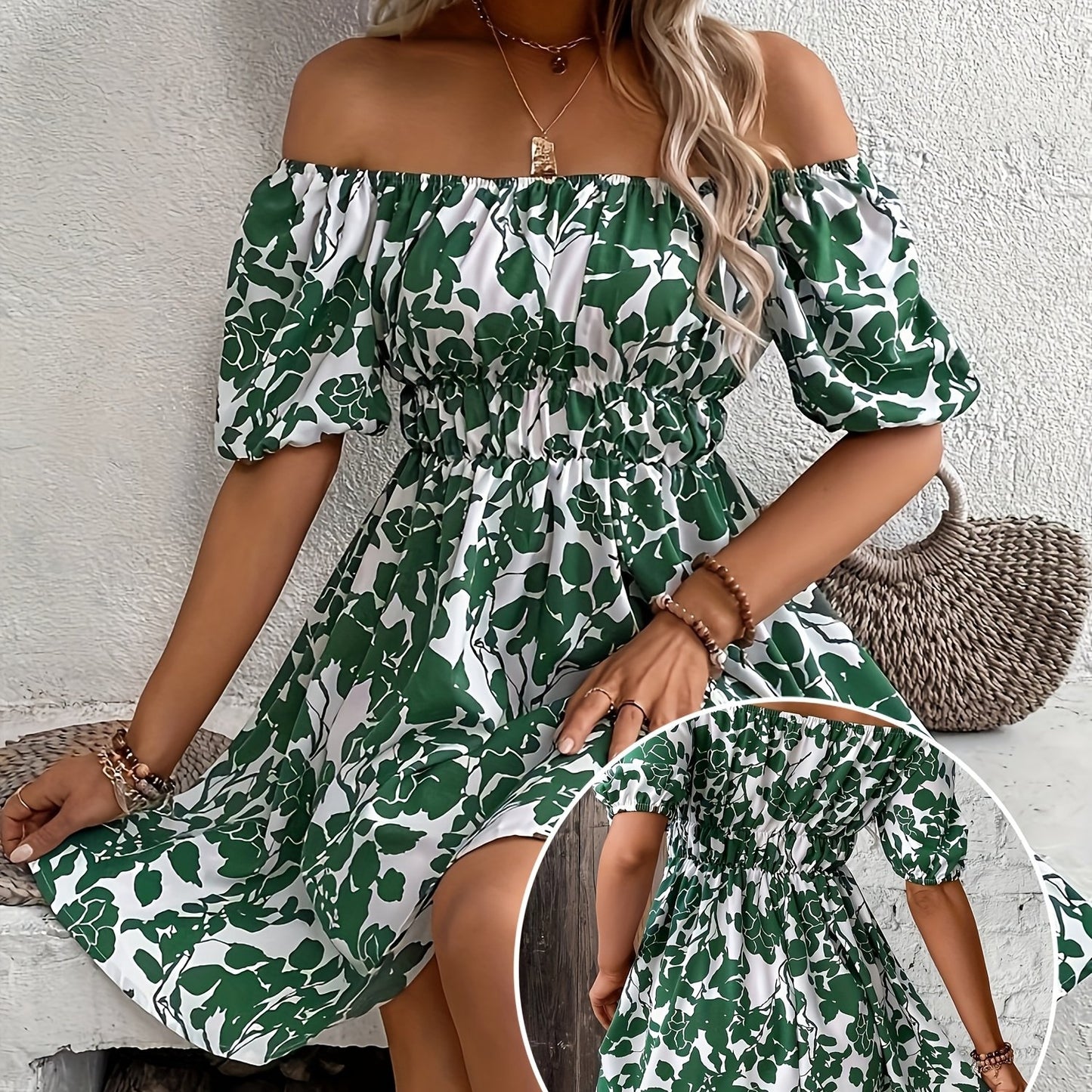 Leaves Print Off Shoulder Aline Dress, Vacation Style Short Sleeve Swing Dress For Spring & Summer, Women's Clothing