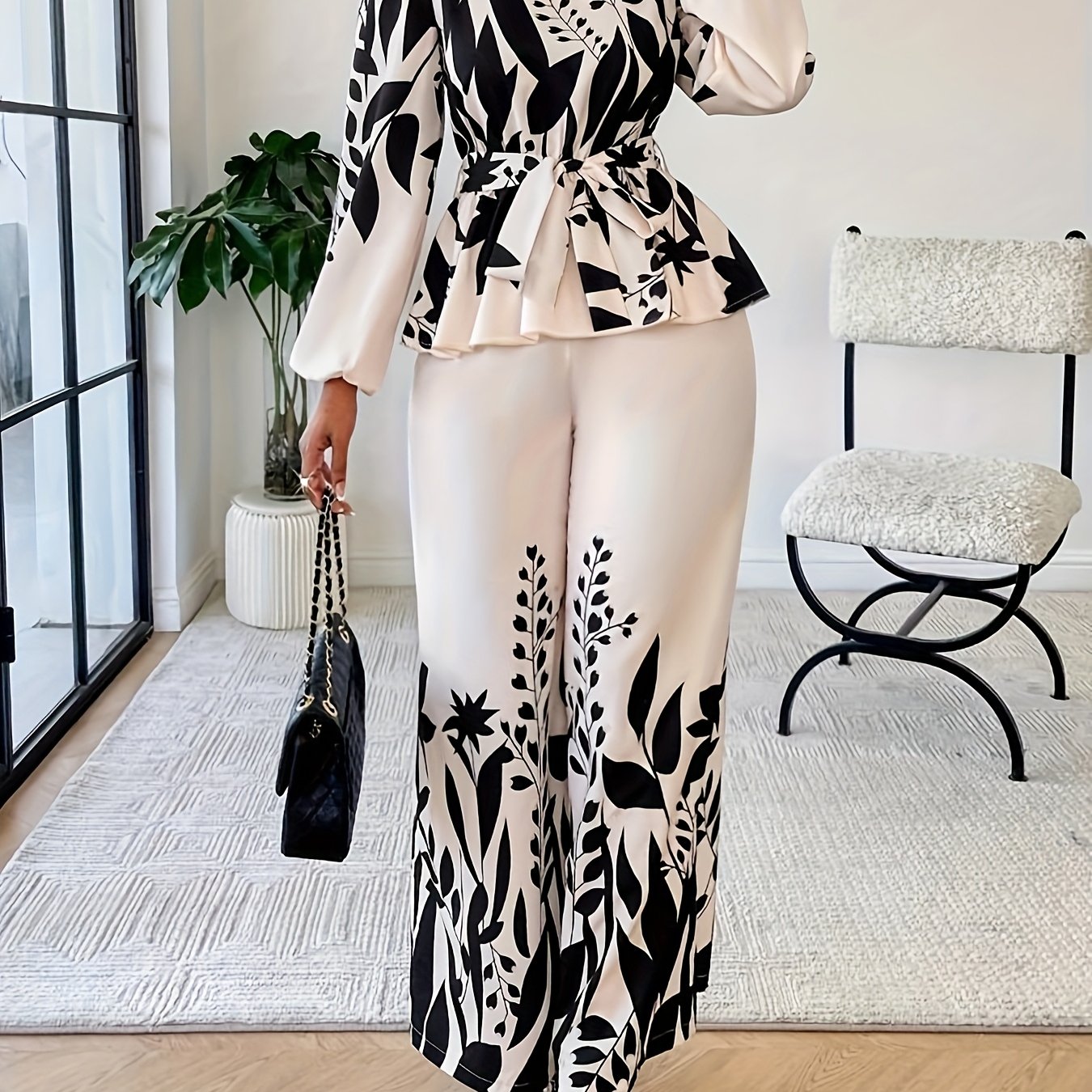 Spring And Autumn Fashionable Women'S Floral Long-Sleeve Top And Pants Set