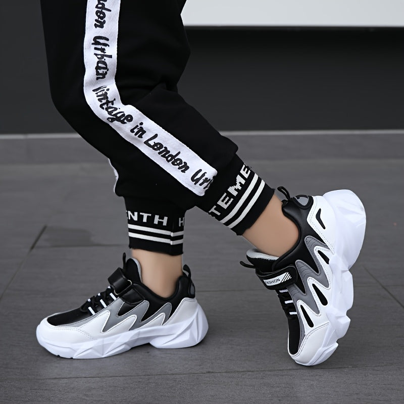 Boys' Athletic Sneakers with Hook-and-loop Fastener Strap - Casual Outdoor Sports Shoes, PU Upper, EVA Sole, Striped/Diamond Pattern, All-Season Wear, Boy Shoes