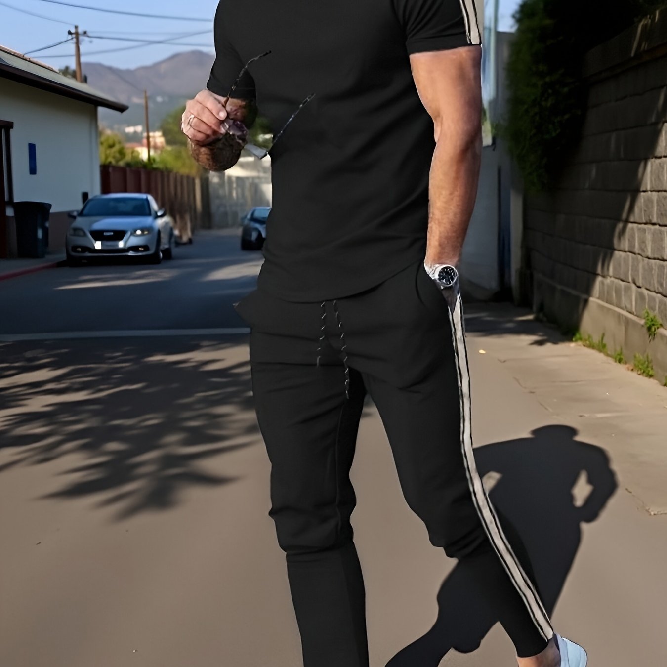 Cross-Border New Summer 2pcs Short-Sleeved T-Shirt And Long Pants Casual Men'S Casual Outdoor Sports Suit, Side Stripe Casual And Fashionable Men'S 2pcs Set