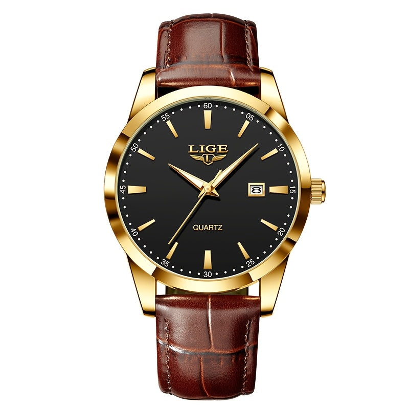 A Stylish Timepiece By LIGE Featuring A Blend Of Business And Casual Design, With A Faux Leather Strap, Alloy Case, And A Non-rechargeable Battery.