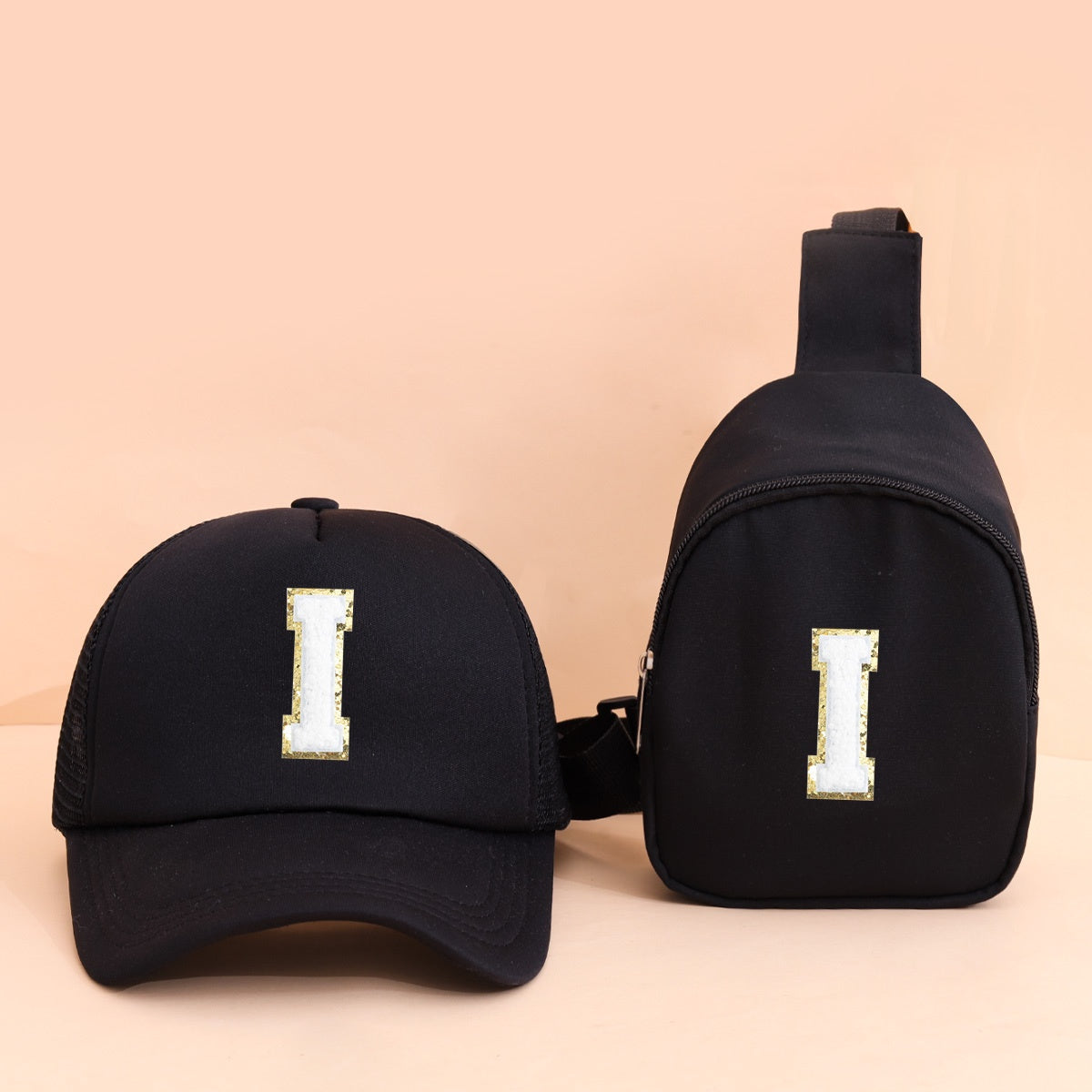 2pcs Kids' Printed Alphabet Pattern Set, Includes 1 Black Stylish Breathable Trucker Hat and 1 Black Crossbody Bag, Lightweight Sun Hat with Small Coin Purse, Suitable for Boys and Girls Aged 5-10 for Daily Outings and Back-t
