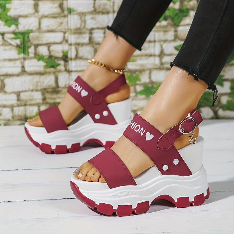 Women's Platform Wedge Sandals with Thick Sole & Ankle Strap Metal Buckle - Open Toe Summer Casual Shoes, White & Black Faux Cover, Cushioned Insole for All-Day Comfort