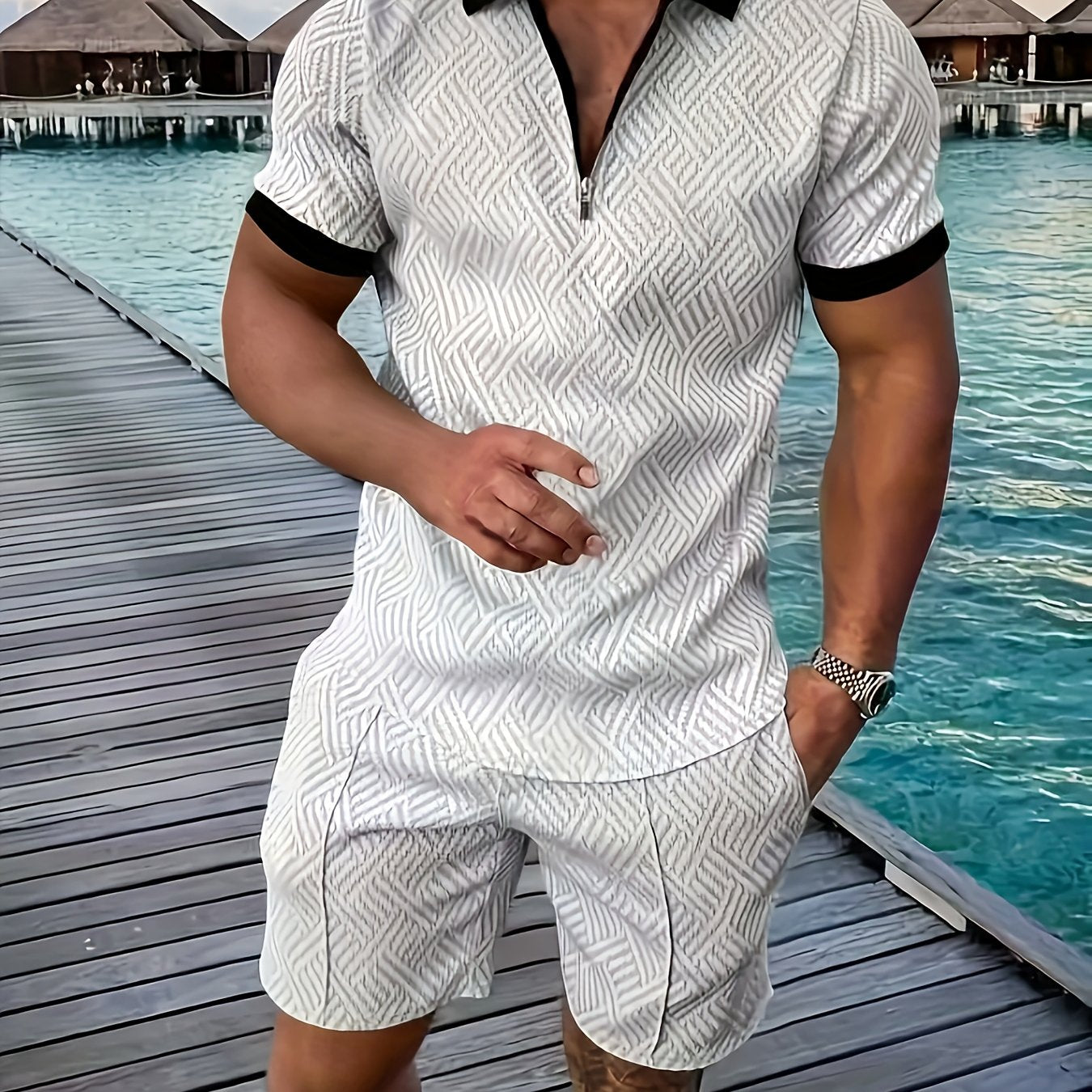 Men'S Tropical Print Casual Suit - Black Short Sleeve Zipper Shirt with White Pockets Shorts, Polyester, Machine Washable, Summer Beachwear, Summer Wear | Relaxed Fit Shirt | Woven Texture