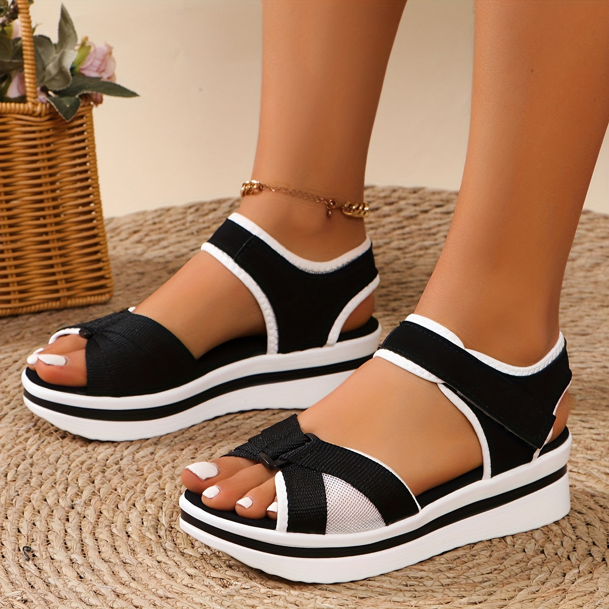 Women's Adjustable Hook-and-Loop Strap Wedge Sandals - Breathable Fabric Upper & Thick Cushioned Mid-Heel, Open-Toe Summer Casual Shoes with PU Sole for Beach, Office, Shopping, Chunky Heel Sandals, Beach Footwear, Stylish Fo