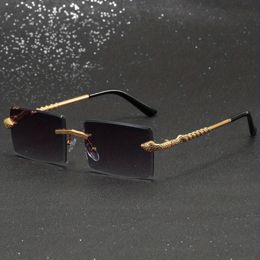 Vintage Style Square Rimless Glasses with Snake Design, Zinc Alloy Frame, Black Lenses, ENSARJOE