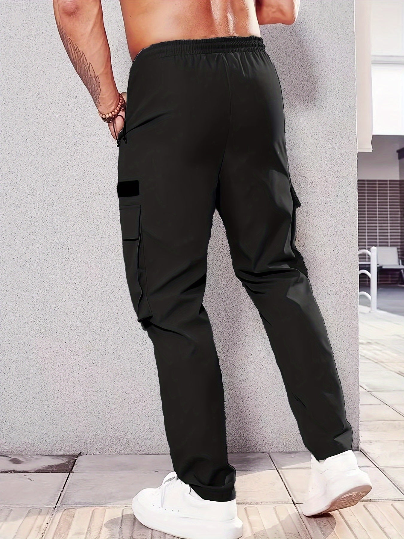 1pc Men'S Fashion Casual Cargo Pants, Solid Color Polyester Non-Stretch Fabric, All-Season Regular Fit with Multiple Pockets, Woven Straight-Leg Trousers for Sports and Leisure
