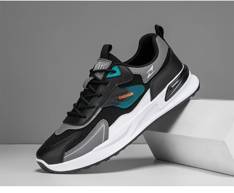 Men'S Breathable Running Sneakers with Gradient Design - Low-Top Lace-Up Casual Shoes, Durable PVC Sole, EVA Insole, Fashionable Black & White Patterns, Ideal for All Seasons Outdoor Activities