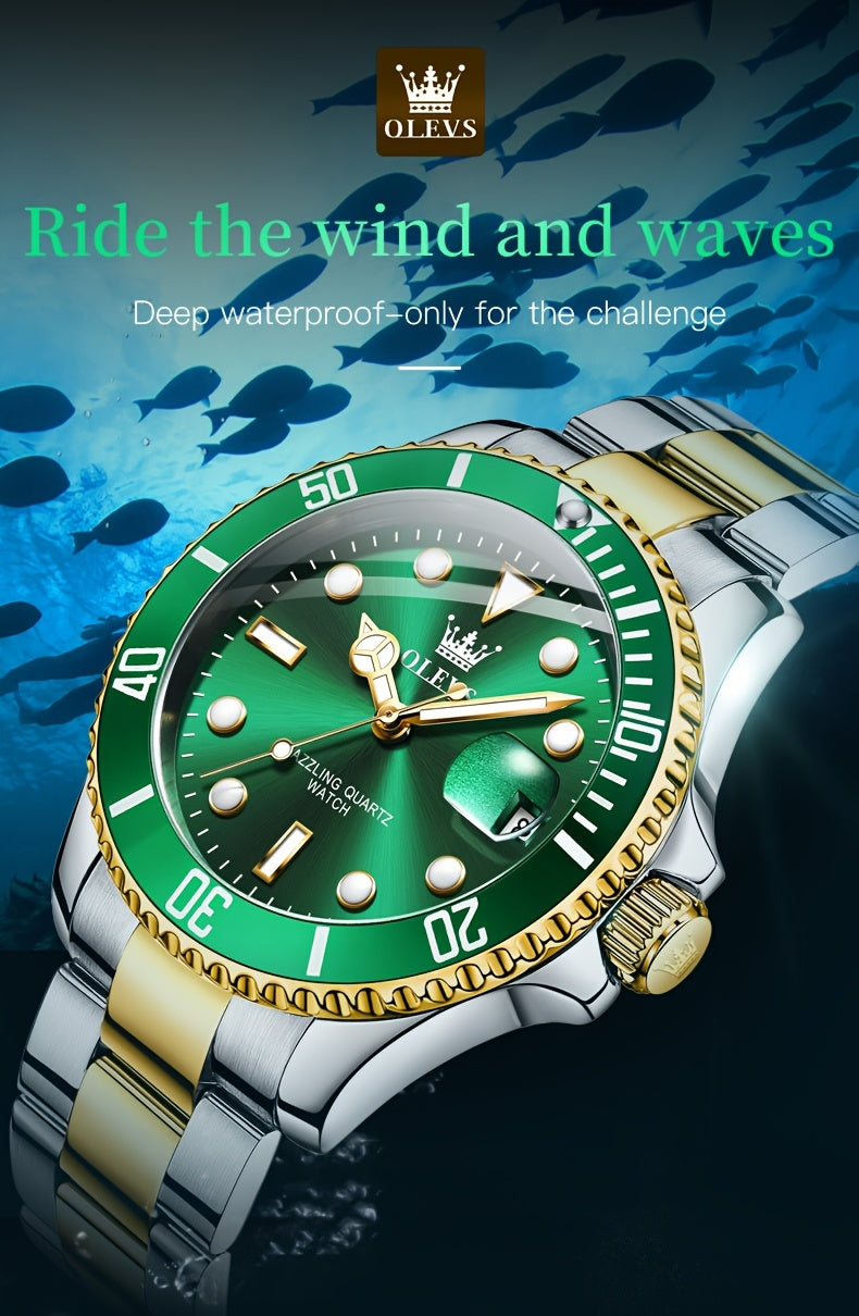 OLEVS Men'S Luxury Quartz Watch - Green Dial, Stainless Steel Band, Luminous Pointer Display, Quartz Movement, Electronic Drive, Zinc Alloy Case, Ideal for Business Casual Wea