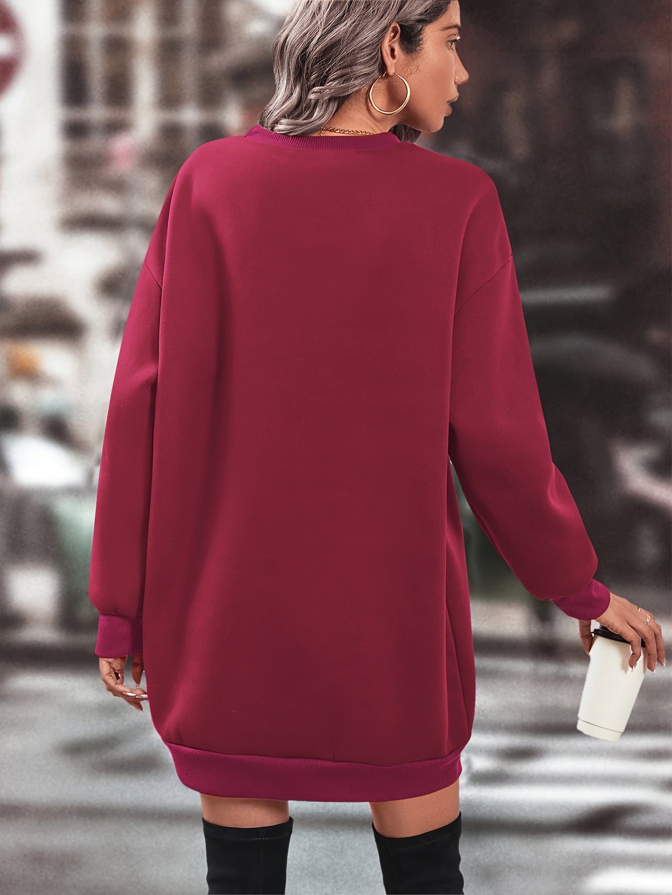 Elegant Women'S Fleece-Lined Sweatshirt Dress - Polyester Knit Fabric, Solid Color, Crew Neck, All-Season Loose Long Sleeve Casual Wear