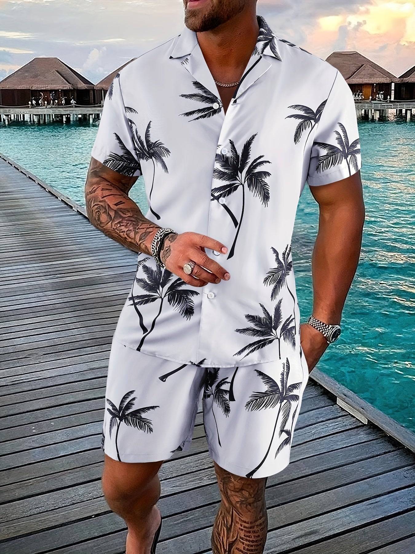 Men'S Summer Tropical Palm Tree Print Pajama Set, Polyester 100% Short Sleeve Shirt & Drawstring Waist Shorts, Vacation Style Lapel Collar, Non-Stretch Woven Fabric, Regular Fit - 120gsm