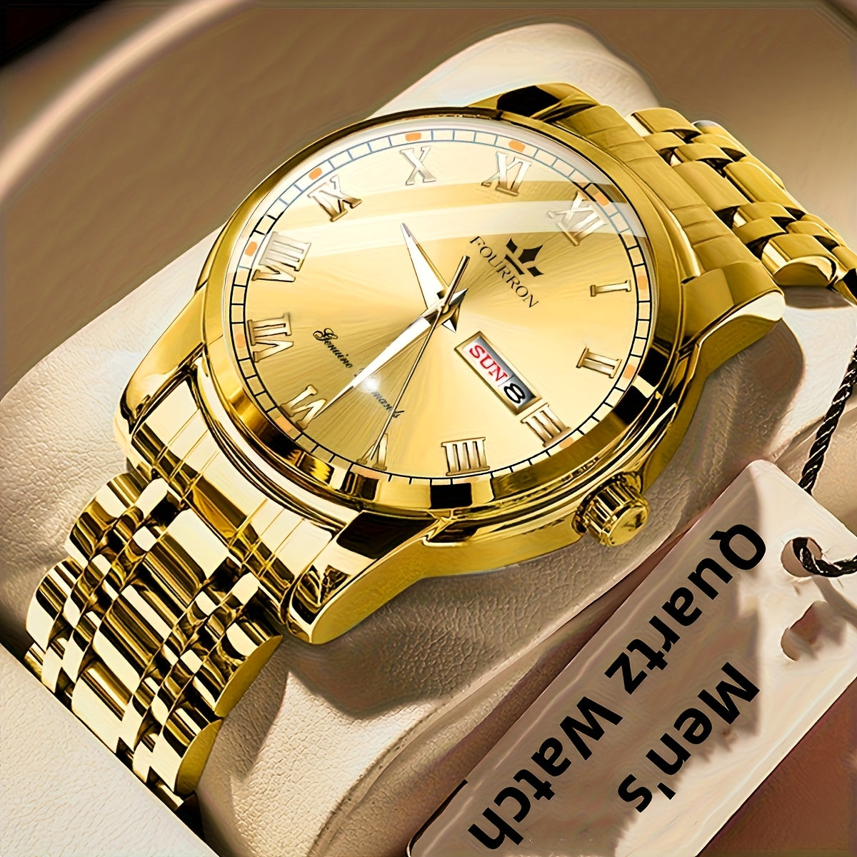 FOURRON Men'S Quartz Watch - Stainless Steel Band, Roman Numerals, Luminous, Waterproof, Ideal for Birthday & Holiday Gifts