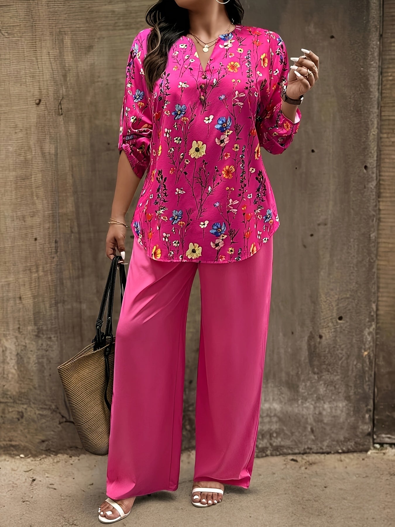 Plus Size, Oriented - Plus Size Women's Vacation Style Floral Shirt and Pants Set