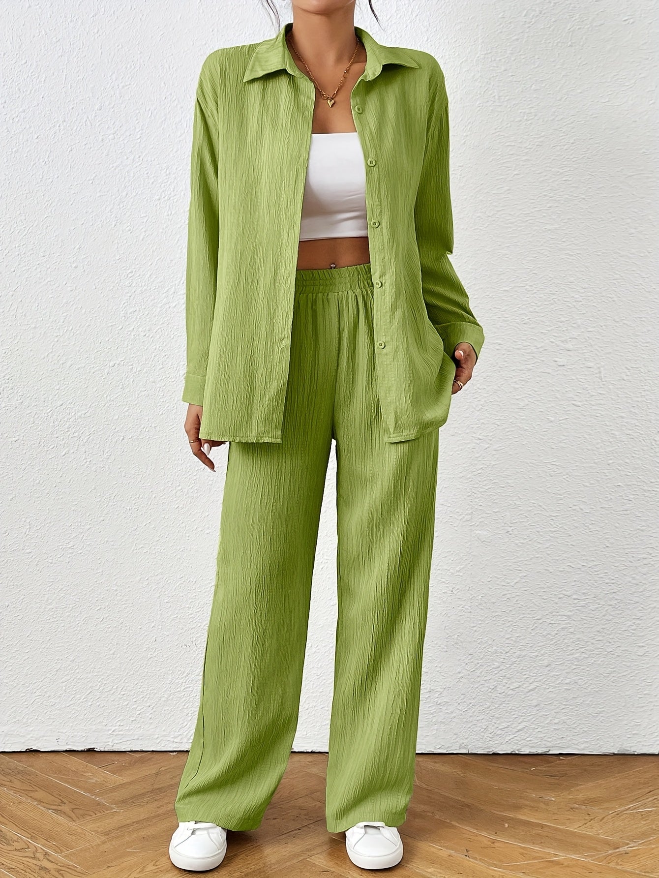 2pcs Women Spring & Autumn Casual Solid Color Long Sleeve Shirt And Pants Set