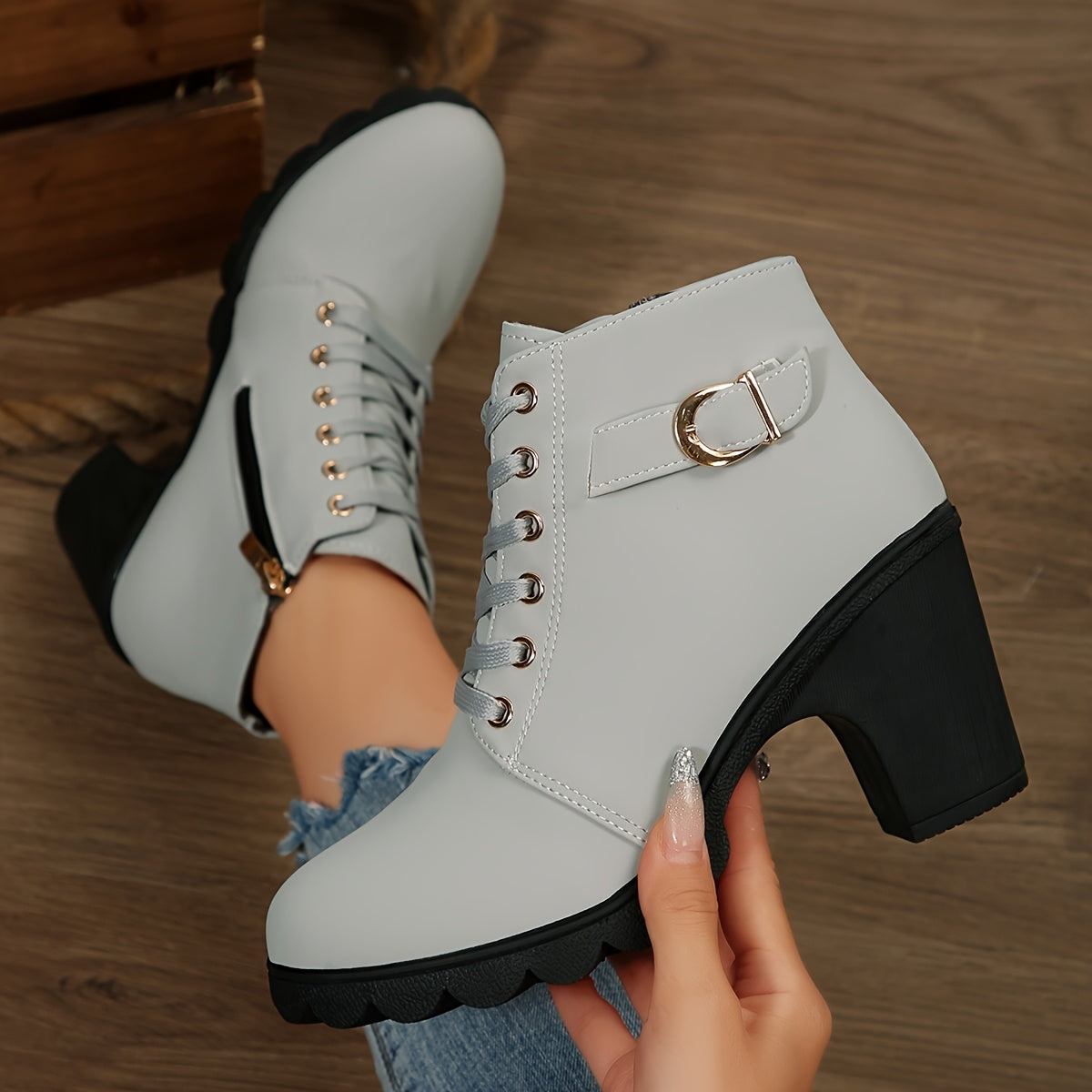 Women's Chunky platform heel Boots - Lace-up closure, Faux Cover Round-toe boots with, Thick Platform Sole for Dresses, Jeans, Party Outfits - All-Season Everyday & Formal Shoes, Stylish Outfit Additions, Side Zipper Detail,