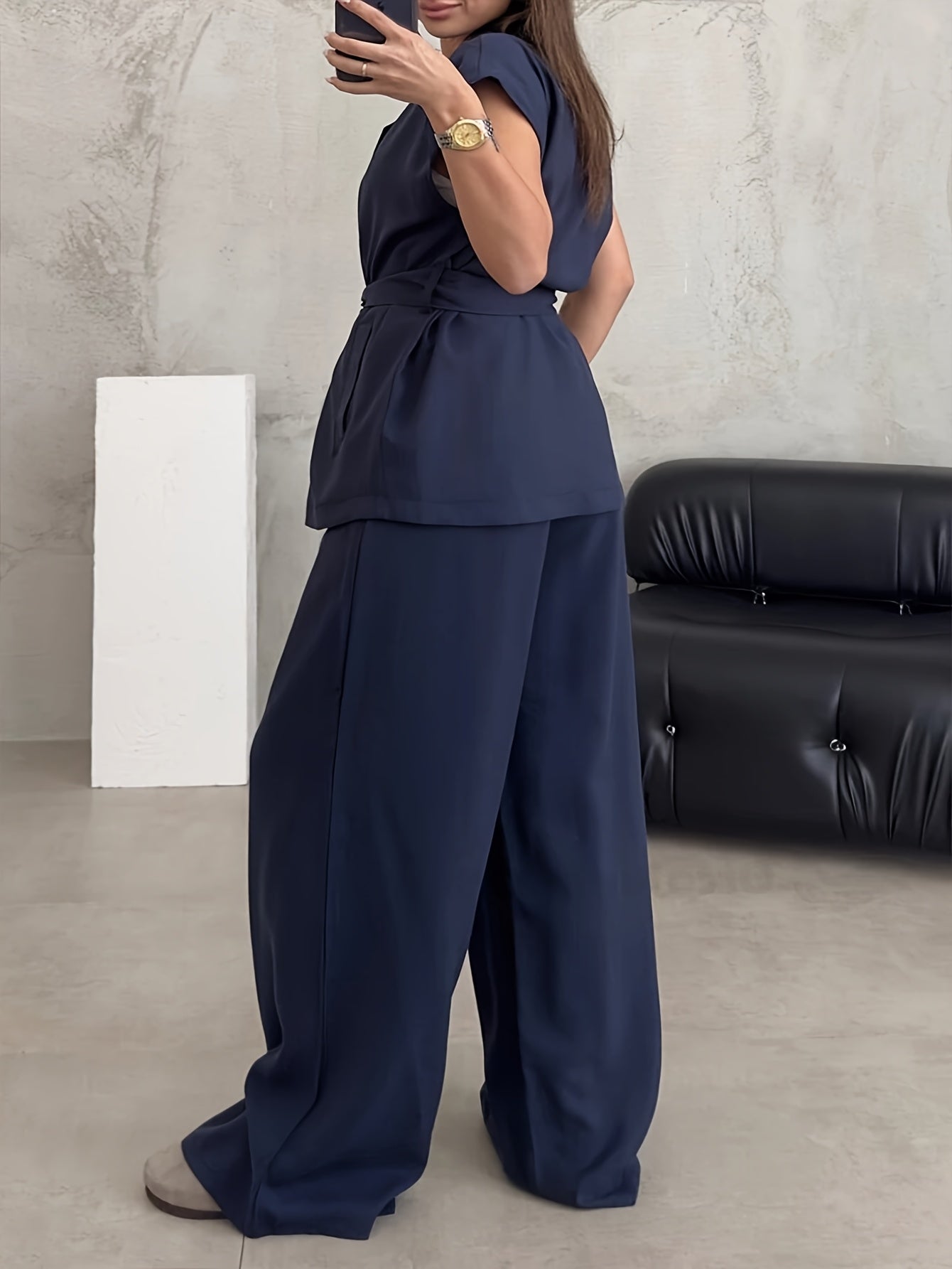 Women's Solid Color Casual Elegant Sleeveless Top and Wide-Leg Pants 2pcs Set