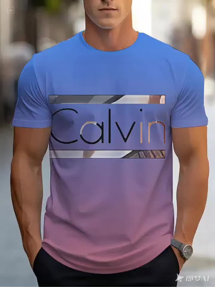 Men'S "Calvin" Graphic T-Shirt - Casual 3D Print Letter Tee with Geometric Design, Short Sleeve, Round Neck, Light Blue, Perfect for Summer, Everyday & Sportswear, Casual Wear Tee | Modern Casualwear | Comfortable Fit