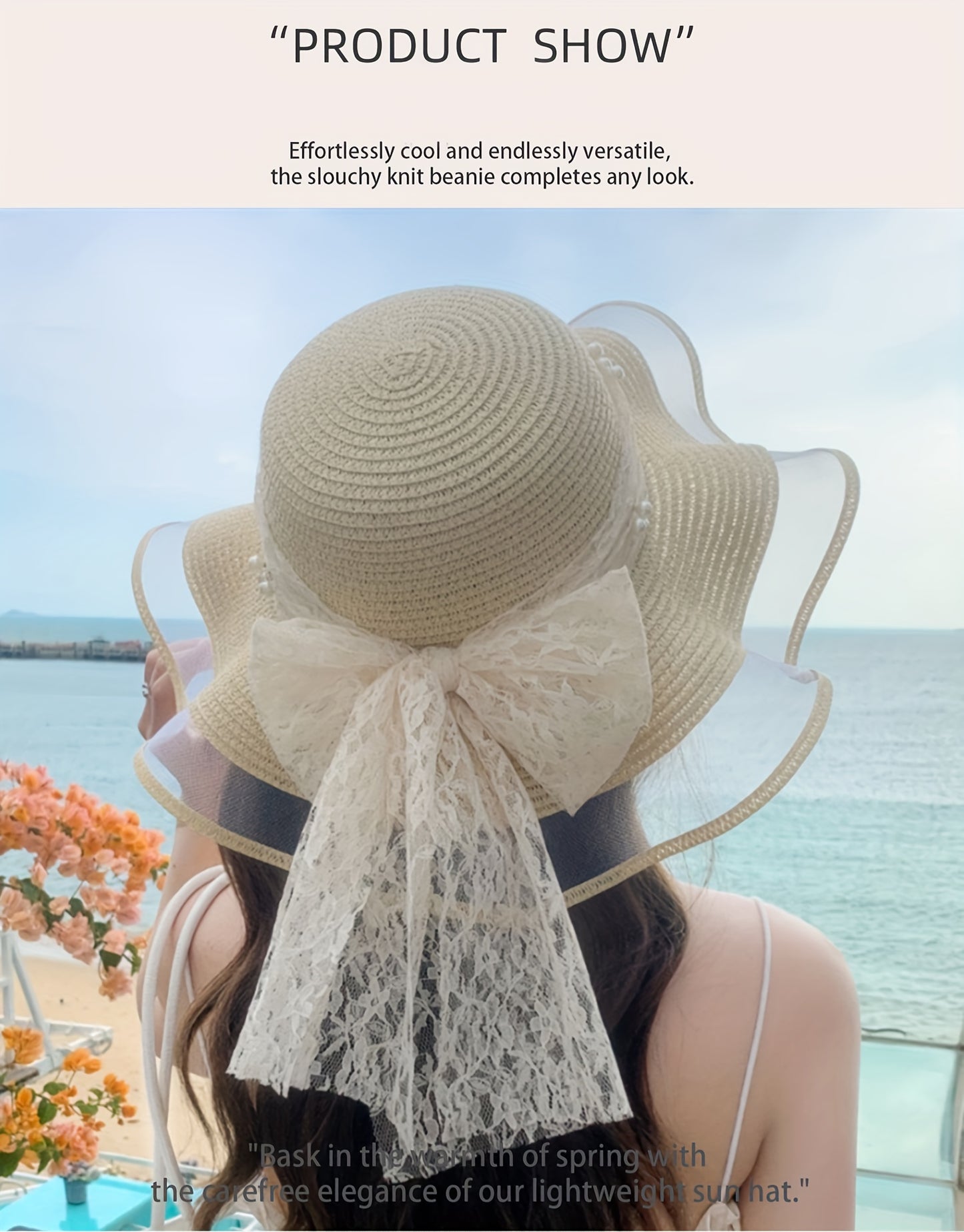 Women'S Elegant Straw Sun Hat with Lace Bow & Mesh Brim - Foldable, Breathable Beach Hat for Summer, Black Ruffled Sleeve Design, Perfect for & Stylish Outfits, Beach Accessories
