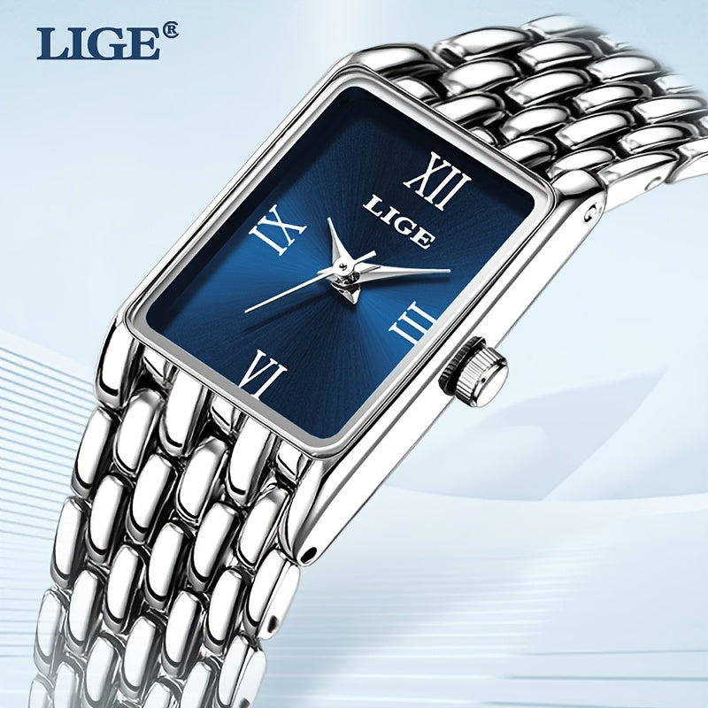 LIGE Women'S Luxury Quartz Watch - Stainless Steel Band, Blue Dial with Roman Numerals, Elegant Fashion Timepiece for Casual or Sporty Wear, Elegant Timepiece | Sleek Watch Design | Alloy Watch Case