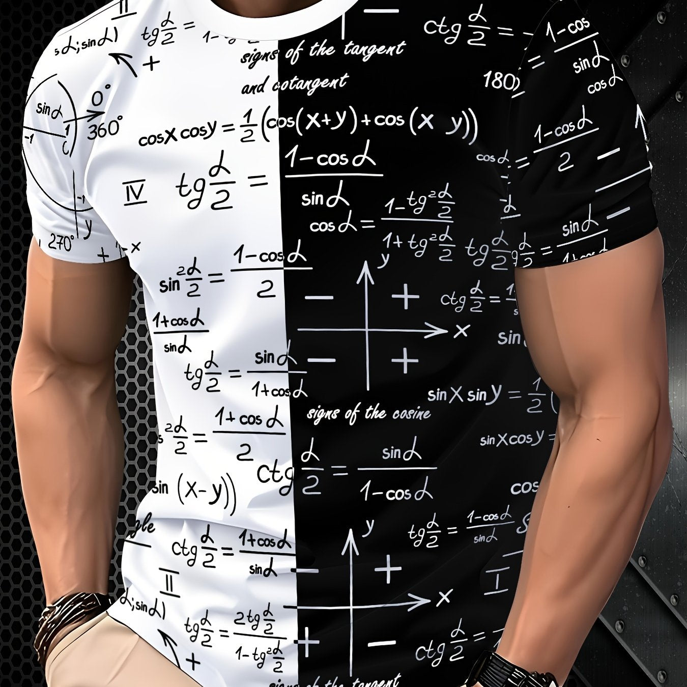3D Fashionable Short Sleeve T-Shirt for Men - White with Black and Golden Mathematical Formulas Print, Crew Neck, Regular Fit, All-Season Comfort