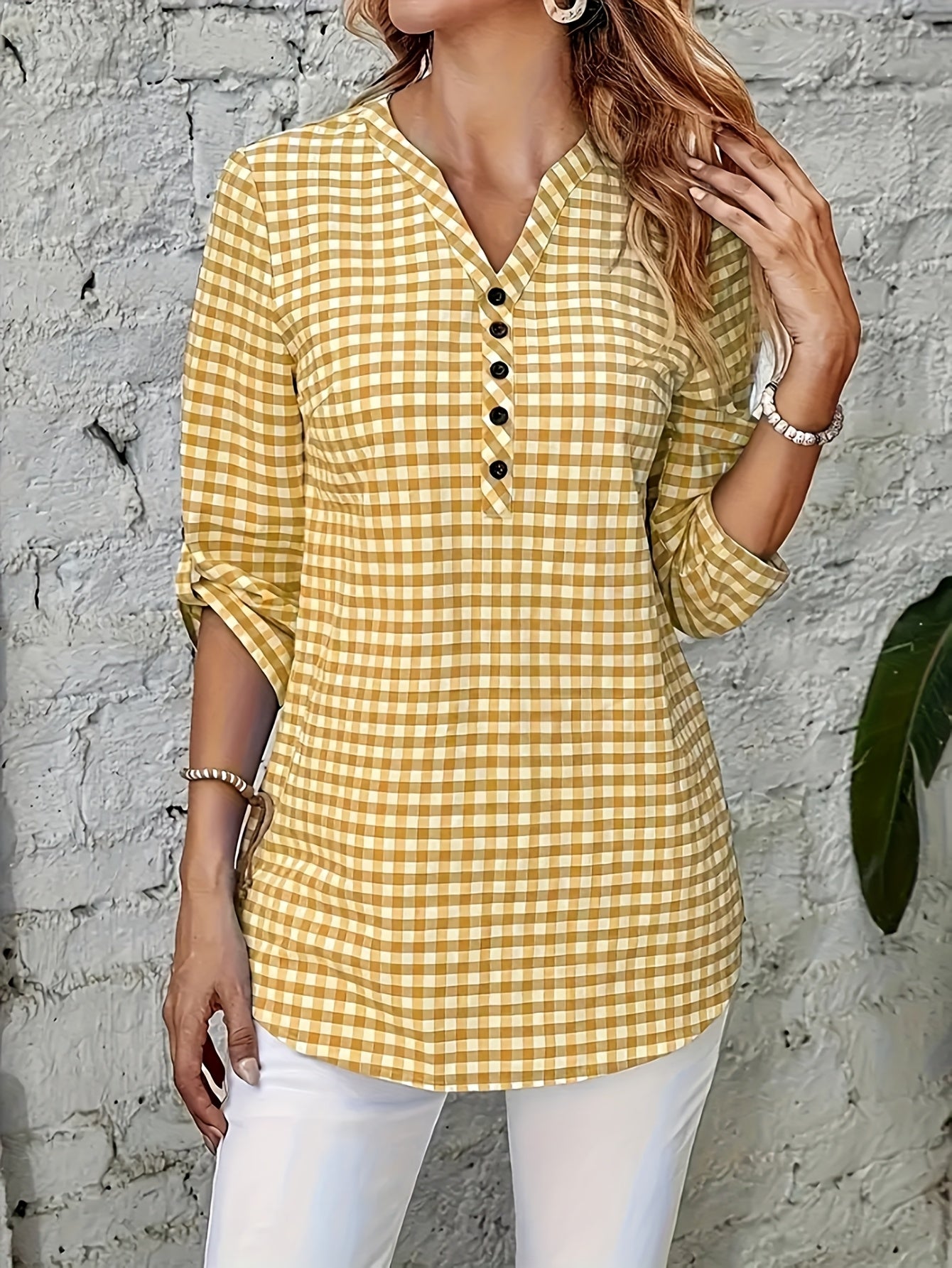 Women'S Casual Yellow & White Plaid Button-Up Shirt - Polyester, V-Neck, Long Sleeves, Casual Wear, Casual Wear|Plaid Pattern|Polyester Fabric