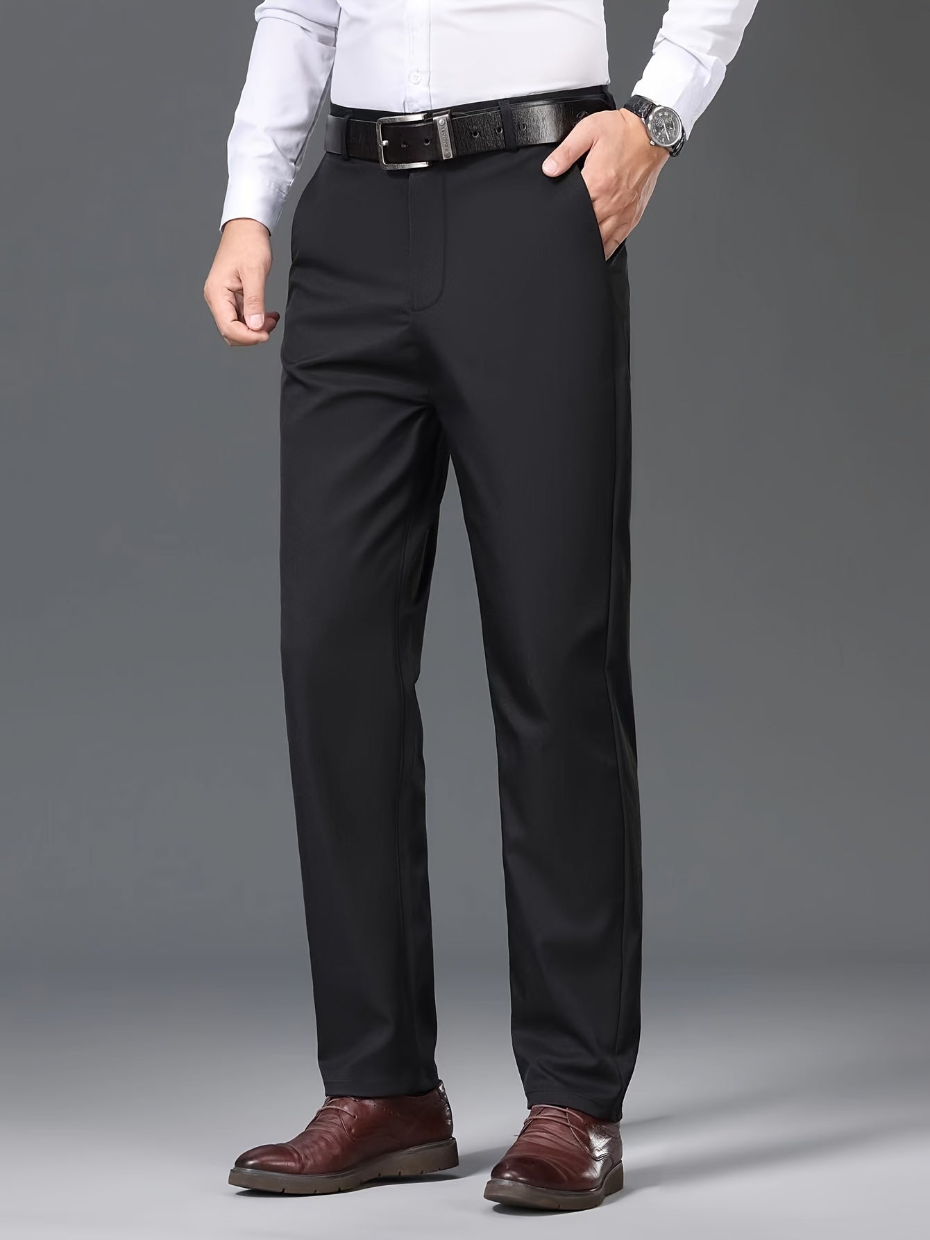 1pc Men'S Spring/Fall Light Business Casual Straight Leg Pants, 100% Polyester, Solid Color, Slight Stretch, Mid Waist, Regular Fit, Zipper Fly, Woven, No Lining - Versatile for Work and Casual Occasions