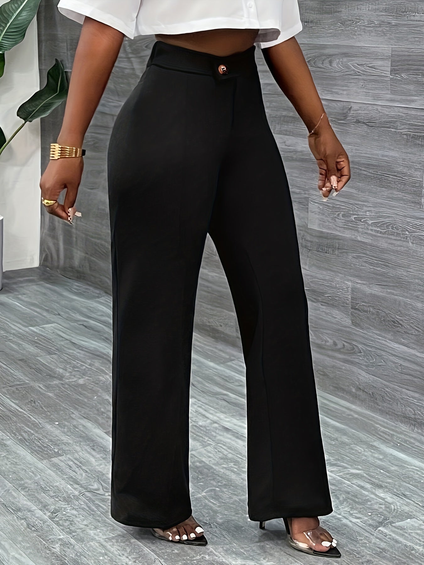 Solid Color Straight Leg Pants, Elegant High Waist Button Front Pants For Work & Office, Women's Clothing