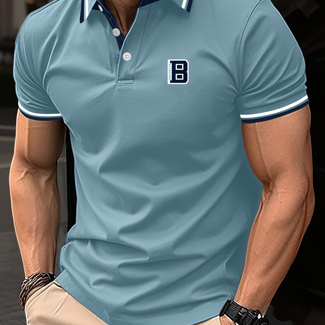 Men's Trendy Simple Letter Print Color Block Short Sleeve Button Up Lapel Shirt For Summer Daily, Golf Shirt