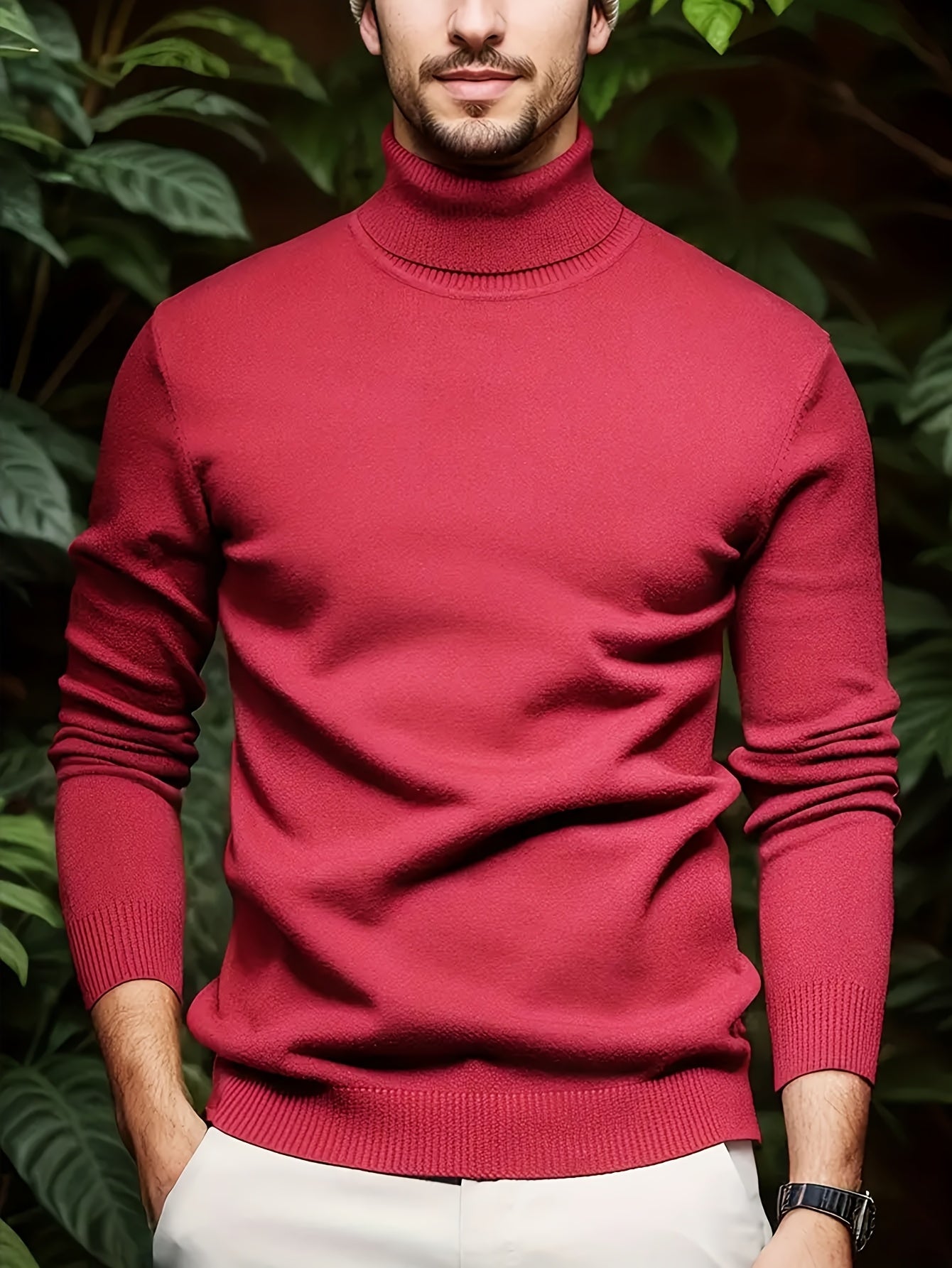 Men's Sleek Light Blue Turtleneck Sweater - Casual Knit Pullover with Ribbed Cuffs, Long Sleeves for Fall/Winter, Soft Viscose Blend